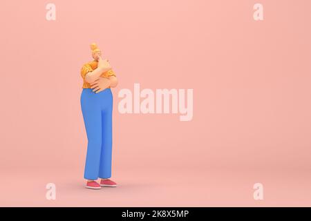 La donna con i capelli dorati legati in un bun che indossa pantaloni corduroy blu e T-shirt arancione con strisce bianche. È espressione di mano quando parla. 3 Foto Stock