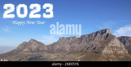 Felice anno nuovo 2023, Table Mountain, Città del Capo, Sud Africa, Capo Occidentale, Orizzontale Foto Stock