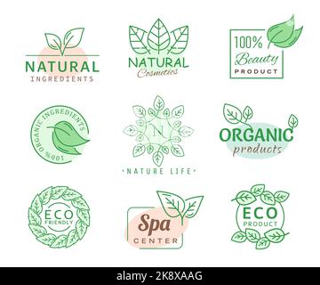 Icone a foglia verde, SPA, cosmetici biologici o prodotti ecologici, etichette vettoriali per bio natura. Bellezza, ecocompatibile e 100% ingredienti naturali, foglie verdi simboli per prodotti biologici e vegani cosmetici Illustrazione Vettoriale