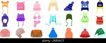 Le icone dell'headwear invernale impostano il vettore dei cartoni animati. Accessorio di moda Illustrazione Vettoriale