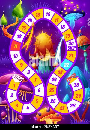 Gioco da tavolo per bambini. Funghi magici nella foresta delle fate. Bambini roll and move gioco di corsa foglio di lavoro vettoriale o bambini dadi gioco di gioco di tavolo attività con fantasia, funghi luminosi o funghi fluorescenti magici Illustrazione Vettoriale
