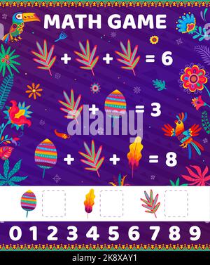 Gioco di matematica. Cartoon toucans fiori e piante. Attività di gioco matematico del bambino, puzzle di matematica dei bambini o foglio di lavoro vettoriale di gioco di aggiunta dei bambini con le piante colorate della giungla, gli uccelli del toucan e del pappagallo Illustrazione Vettoriale