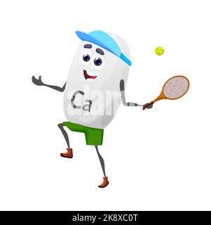 Cartoon calcio tennis personaggio con racchetta. Vettore isolato CA sportivo personage, minerale o vitamina atleta giocare con la palla. Integratore alimentare capsule sport gioco attività, torneo Illustrazione Vettoriale