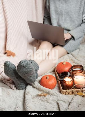 Una ragazza in un maglione e calzini a maglia si siede su una coperta e lavora su un computer portatile. Accanto a lei c'è un vassoio con tutte le cose e le zucche. Accogliente concetto autunnale. Foto Stock