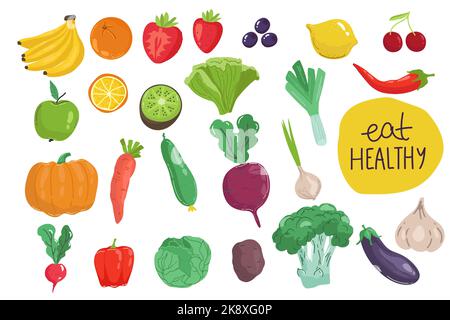 Collezione di frutta dipinta in acquerello. Elementi di disegno di alimenti freschi disegnati a mano isolati su sfondo bianco. Illustrazione Vettoriale