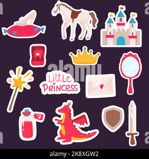 Set di unicorni fantasy e altri oggetti adesivi principessa fiaba, cavallo, specchio Illustrazione Vettoriale