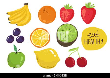 Set vettoriale di frutta e verdura succosa in stile cartone animato . Stile di vita sano, vegetarismo Illustrazione Vettoriale