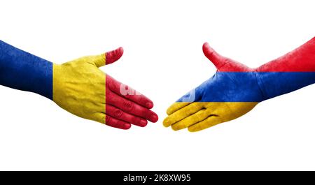 Stretta di mano tra Armenia e Romania bandiere dipinte sulle mani, immagine trasparente isolata. Foto Stock