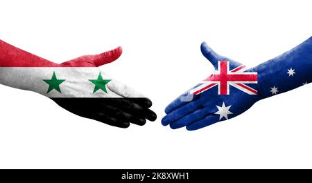 Stretta di mano tra Australia e Siria bandiere dipinte sulle mani, immagine trasparente isolata. Foto Stock