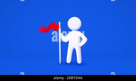 3d uomo cartoon bianco con bandiera rossa. Concetto di raggiungimento degli obiettivi. Sfondo blu isolato. Illustrazione vettoriale Illustrazione Vettoriale