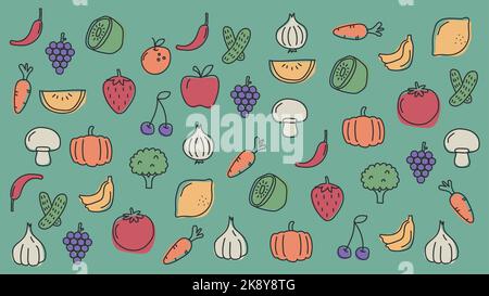 Un vettore di un insieme di verdure e frutta Illustrazione Vettoriale