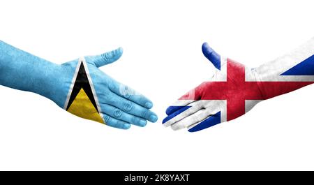 Stretta di mano tra la Gran Bretagna e Santa Lucia bandiere dipinte a mano, immagine trasparente isolata. Foto Stock