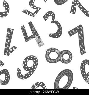 Motivo senza cuciture con numeri disegnati a mano in stile scandinavo. Sfondo vettoriale con numeri in bianco e nero, sfondo vivaio per bambini Illustrazione Vettoriale