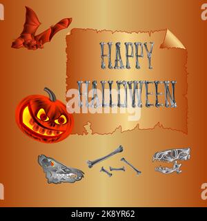 Happy Halloween iscrizione di ossa e teschi e bat vacanza sfondo vintage vettore illustrazione modificabile disegno a mano Illustrazione Vettoriale