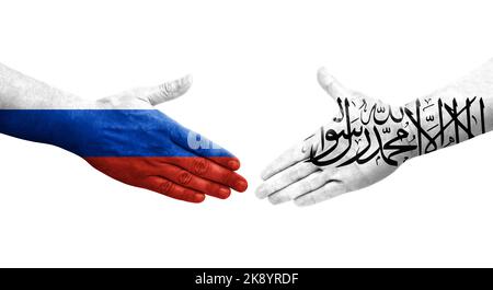 Stretta di mano tra Saint Vincent Grenadine e Russia bandiere dipinte sulle mani, immagine trasparente isolata. Foto Stock