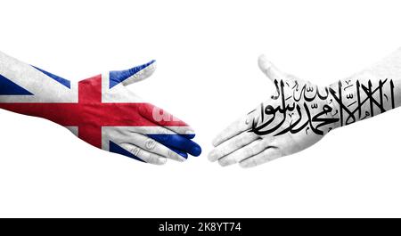 Stretta di mano tra le Isole Salomone e la Gran Bretagna bandiere dipinte a mano, immagine trasparente isolata. Foto Stock