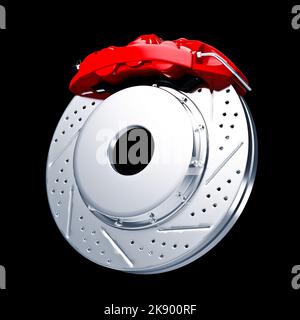 Impianto frenante dell'automobile. Disco freno in acciaio con perforazione e pinze e pastiglie rosse. Isolato su sfondo nero 3D. Foto Stock