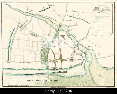 Leland's Historical Map of Lerpole datata 1644, una vecchia mappa di Liverpool. Ma non è così antico come suggerisce la disposizione delle strade, perché in realtà la mappa è di Liverpool nel 17th ° secolo - come immaginato nel 19th ° secolo. Fu nel giugno di quell'anno che il Principe Rupert del Reno arrivò a Liverpool con 10.000 uomini nel tentativo di catturare il Castello di Liverpool. Un assedio di sedici giorni a Liverpool ebbe luogo e per difendere la città l'Esercito parlamentare creò un'enorme trincea in gran parte del centro della città. Il principe Rupert alla fine prese possesso del castello solo per essere nuovamente scacciato per rifugiarsi Foto Stock