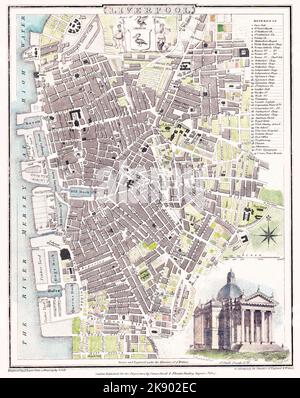 Roper & Cole's mappa di Liverpool nel 1807, quando era solo sul punto di trasformazione da città a città, con i primi sobborghi stabiliti e solo dieci banchine. La decorazione principale sulla mappa è un'incisione della Chiesa di San Paolo, che si trovava appena ad ovest della ferrovia quando entra nella stazione di scambio. Al centro c’è lo stemma di Liverpool. Ci sono due uccelli epatici fiancheggiati da Nettuno e Triton che detengono bandiere di un altro uccello epatico e di una nave rispettivamente. Si dovrebbe anche menzionare un forte e una caserma sulla Mersey, che riflette la minaccia di un'invasione francese. Foto Stock