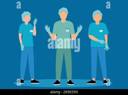 Un team di professionisti medici con un medico e infermieri su sfondo blu Illustrazione Vettoriale