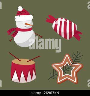 set di elementi natalizi pupazzo di neve in cappello e sciarpa biscotti a forma di stella e rametto di abete rosso bambini giocattolo tamburo e caramelle a righe Illustrazione Vettoriale