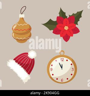 set di elementi di natale orologio giocattolo di natale poinsettia fiore e cappello caldo con pompon bianco Illustrazione Vettoriale