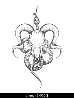 Tatuaggio di cranio di capra e serpente disegnato in stile incisione. Illustrazione vettoriale isolata su bianco. Illustrazione Vettoriale