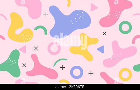 Sfondo geometrico astratto. Ripetizione senza giunture. Motivi colorati di forme geometriche e punti in stile Memphis 80s-90s. Per l'uso nella progettazione Web. Illustrazione Vettoriale