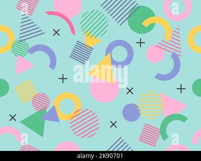 Sfondo geometrico astratto. Modello vintage memphis senza cuciture. Motivi colorati dalle forme geometriche in stile Memphis 80s-90s. Uso nel disegno di fotoricettore. Illustrazione Vettoriale