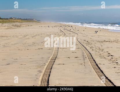 set di piste per camion nella sabbia di una spiaggia oceanica Foto Stock