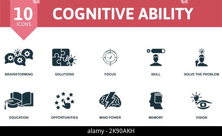 Set di icone capacità cognitiva. Monocromatico semplice capacità cognitiva raccolta di icone. Brainstorming, soluzioni, concentrazione, abilità, risolvere il problema, Istruzione Illustrazione Vettoriale