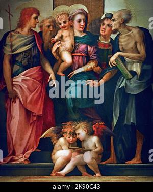 In trono Madonna col Bambino con quattro santi Giovanni Battista di Jacopo, detto Rosso Fiorentino, (Firenze 1495 – Parigi 1540) , Firenze, Italia. (Chiesa di Santo Stefano a Grezzano. Vasari riferisce che Leonardo Buonafede considerava la pala “abbozzata” e si lamentava della bizzarra inconvenienza dei santi, che assomigliavano a diavoli “crudeli, disperati”. Data di creazione: 1518 stile: Manierismo/ provenienza pala: Chiesa di Santo Stefano in Mugello, Firenze Foto Stock