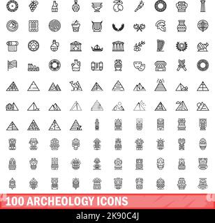 100 icone archeologiche. Illustrazione di 100 icone archeologiche set di vettori isolati su sfondo bianco Illustrazione Vettoriale