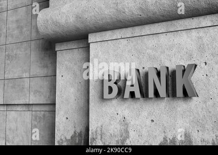Cartello bancario su muro di cemento di una facciata di un edificio. Illustrazione del concetto di servizi finanziari Foto Stock
