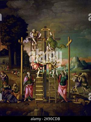 Il dipinto Deposition 1518 di Francesco Ubertini chiamato Bacchiacca Firenze, Italia. Italian, Cross Crucifixion ( la sacra deposizione si riferisce alla storia del Vangelo, Giuseppe e Nicodemo con il permesso di Pontio Pilato, hanno deposto il corpo di Cristo dalla croce, l'hanno poi unto con profumi e, lo hanno deposto in una nuova tomba, ) Foto Stock