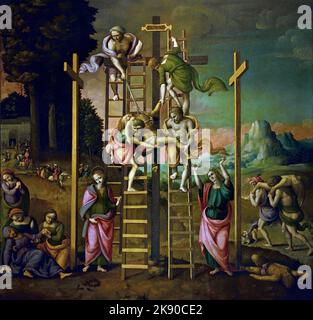 Il dipinto Deposition 1518 di Francesco Ubertini chiamato Bacchiacca Firenze, Italia. Italian, Cross Crucifixion ( la sacra deposizione si riferisce alla storia del Vangelo, Giuseppe e Nicodemo con il permesso di Pontio Pilato, hanno deposto il corpo di Cristo dalla croce, l'hanno poi unto con profumi e, lo hanno deposto in una nuova tomba, ) Foto Stock