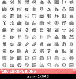 100 set di icone per l'europa. Illustrazione di 100 icone europee set vettoriale isolato su sfondo bianco Illustrazione Vettoriale