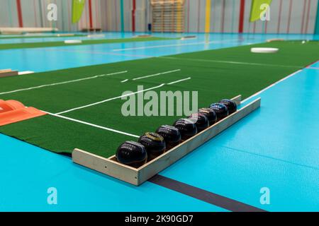 Tappeti per bocce al coperto o bocce sul prato o bowling su prato Foto Stock