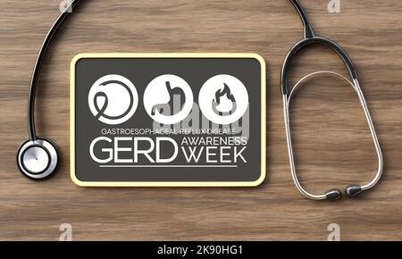 La settimana di consapevolezza GERD (malattia da reflusso gastroesofageo) è osservata ogni anno nel mese di novembre. Rendering 3D Foto Stock