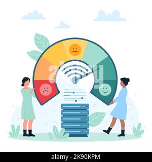 Internet a banda larga ad alta velocità, illustrazione vettoriale per l'ottimizzazione della rete. Cartoon persone piccole accelerare il segnale wifi sul cruscotto con tachimetro e freccia, aumentare il segnale rapido nel provider speedtest Illustrazione Vettoriale