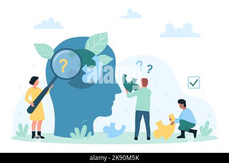 Salute mentale, supporto in disturbi cerebrali illustrazione vettore. Cartoon persone piccole guardando attraverso lente di ingrandimento a puzzle all'interno astratto testa umana, persona che tiene pezzo per collegare Illustrazione Vettoriale