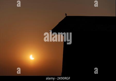 Srinagar, India. 25th Ott 2022. Eclissi solare parziale visibile da Srinagar. Un'eclissi solare parziale visibile su diverse regioni dell'Europa, del Medio Oriente, delle parti nord-orientali dell'Africa, dell'Asia occidentale, dell'Oceano Atlantico settentrionale e dell'Oceano Indiano settentrionale il 25 ottobre. Tranne che per i pochi stati della regione nord-orientale, la maggior parte degli stati in India sarà in grado di assistere alle eclissi solari. (Foto di Idrees Abbas/SOPA Images/Sipa USA) Credit: Sipa USA/Alamy Live News Foto Stock