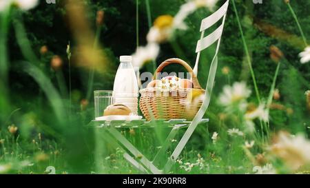 Al centro di un prato di camomilla, su una sedia bianca si trova una bottiglia di latte, un cesto di mele e pane. Foto di alta qualità Foto Stock