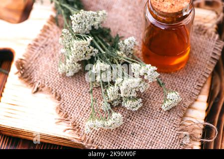 Tintura di erbe Yarrow in bottiglia bianca con tappo. Achillea millefolium fiori freschi bianchi su un tagliere di legno pronto per cucinare medicinali Foto Stock