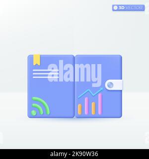 Portafoglio e wifi con simboli grafici a icone. Concetto di pagamenti, online banking, trasferimenti di denaro. Disegno di illustrazione con isolamento vettoriale 3D. Cartone animato pastello min Illustrazione Vettoriale