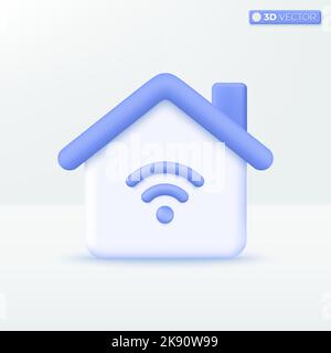 Smart Home con simboli delle icone wi-fi. Controllo remoto wireless, concetto di tecnologia edilizia. Disegno di illustrazione con isolamento vettoriale 3D. Cartone animato pastello Mini Illustrazione Vettoriale