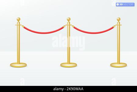 Simbolo dell'icona della colonna del tappeto rosso. polo d'oro, corda della barriera rossa, evento, concetto VIP. Disegno di illustrazione con isolamento vettoriale 3D. Cartoon pastello stile minimal Illustrazione Vettoriale