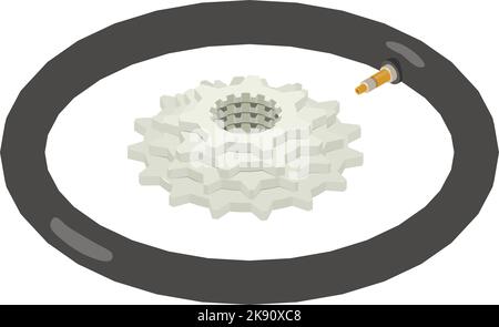 Icona attrezzatura sportiva vettore isometrico. Nuova icona cassetta velocità e tubo bicicletta. Ricambio bici, concetto di riparazione Illustrazione Vettoriale