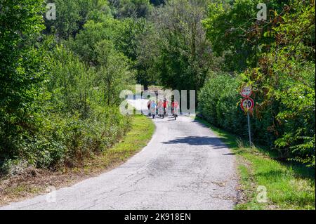 Un gruppo di ciclisti norvegesi di mezza età in bicicletta noleggiata percorrendo una strada collinare nel paesaggio umbro vicino a Spoleto, Umbria, Italia. Foto Stock