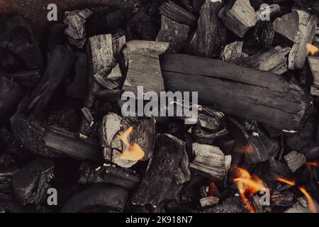 Legno che brucia. Il resto dell'alveare. Legna da ardere. Ceneri nel cavoldro. Resti del fuoco. Foto Stock